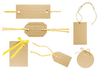 Set/set of brown tags with cord or thread made of natural craft paper and cardboard. Different shapes and positions. Light colored thread. Cut out on a blank background. PNG