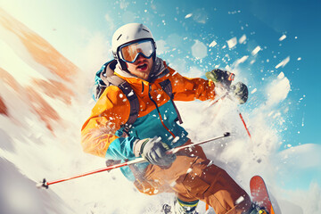 skiing man in action on snowy ski path with snow splashing with motion blur. winter sports on a sunny day high speed action photography. 