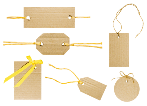 Set/set of brown tags with cord or thread made of natural craft paper and cardboard. Different shapes and positions. Light colored thread. Cut out on a blank background. PNG