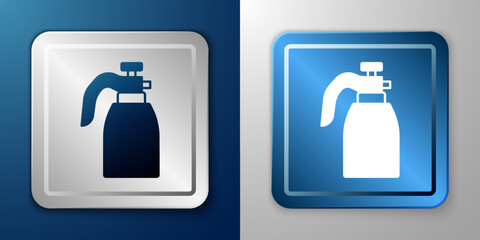White Garden sprayer for water, fertilizer, chemicals icon isolated on blue and grey background. Silver and blue square button. Vector