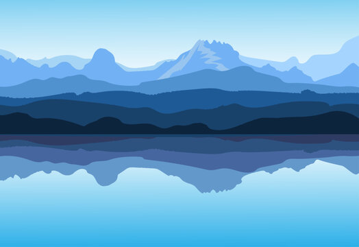 View of blue mountains. Picturesque reflection in the lake, mountains . Vector illustration.