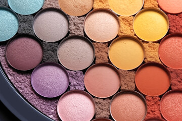 Naklejka premium Colorful eyeshadow palette color pattern. A collection of powders for eye makeup. Concept suitable for beauty and makeup.