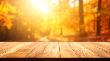 Naklejka na ściany i meble The empty wooden table top with blur background of autumn. Exuberant image. autumn landscape. Concept Autumn nature and product advertising. soft focus background. copy space. 
