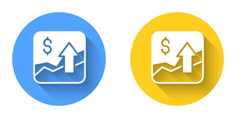 White Financial growth increase icon isolated with long shadow background. Increasing revenue. Circle button. Vector