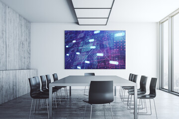 Abstract programming language hologram on presentation monitor in a modern boardroom, artificial intelligence and machine learning concept. 3D Rendering