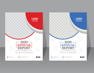 red and blue color vector simple annual report design layout in letter size half page template for org or company business solutions.  book cover, flyer, layer, information, logo, imageable. - obrazy, fototapety, plakaty