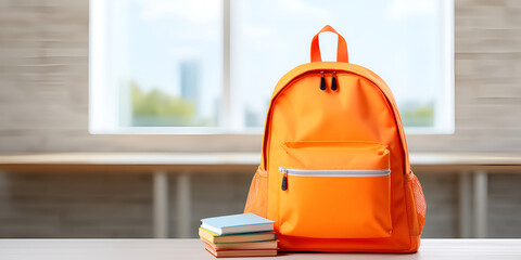 Ready for Learning,Dark Orange backpack with school supplies on table Back to school concept with a large window background ai generated
 - obrazy, fototapety, plakaty
