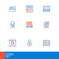 Set line Safe, Business investor, Telephone 24 hours support, Target financial goal, Office chair, folders, Stacks paper money cash and Pie chart infographic icon. Vector
