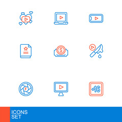 Set line Plus 16 movie, Online play video, Camera shutter, Thriller, Scenario, Cinema ticket, and icon. Vector