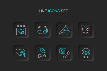 Set line Skull, Emergency call 911, Medical prescription, heart inspection, Dental clinic location, Test tube with blood, Glasses and Doctor appointment icon. Vector