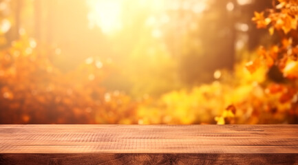 Naklejka na ściany i meble The empty wooden table top with blur background of autumn. Exuberant image. autumn landscape. Concept Autumn nature and product advertising. copy space..