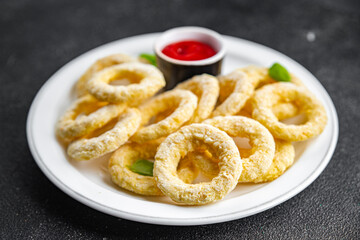 onion rings  fast food deep fryer batter tomato sauceeating cooking appetizer meal food snack on the table copy space food background rustic top view