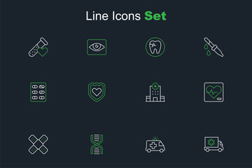 Set line Ambulance car, DNA symbol, Crossed bandage plaster, Heart rate, Hospital building, Immune system and Pills blister pack icon. Vector