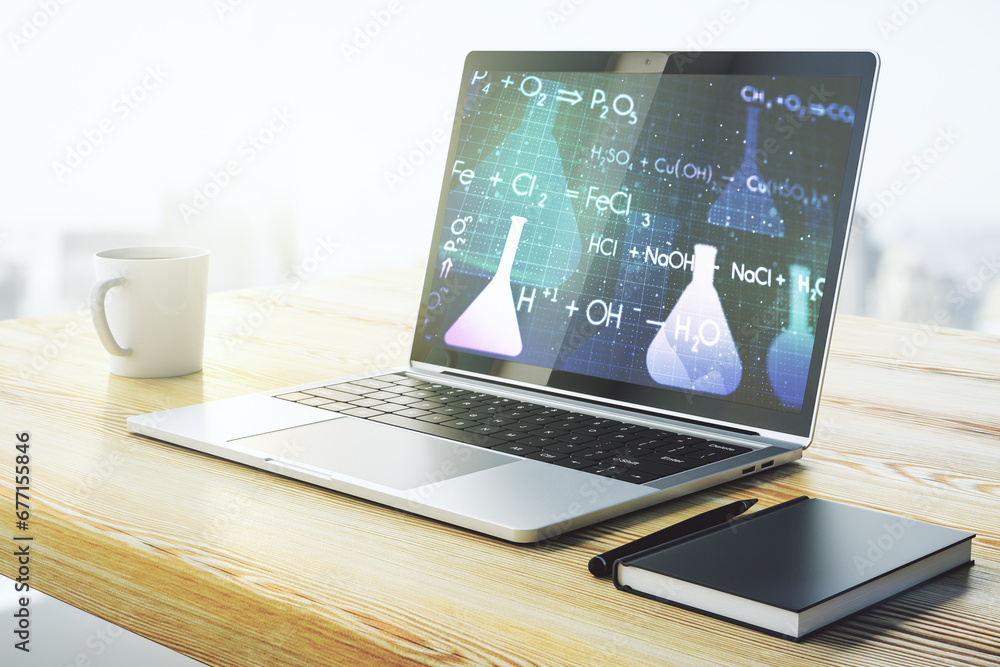 Poster Modern computer monitor with creative chemistry concept, research and development concept. 3D Rendering