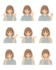 色々な表情をした女性のイラストセット4（仕草付き）