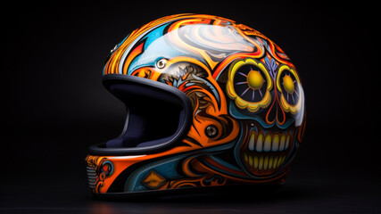 Colorful motorcycle helmet on a black background