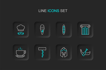 Set line Gondola boat, Roman army helmet, Wine corkscrew, Coffee cup, Ancient column, French baguette bread, Ice cream waffle and Italian cook icon. Vector