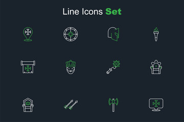 Set line Crusade, Medieval poleaxe, arrows, throne, Mace with spikes, King crown and icon. Vector