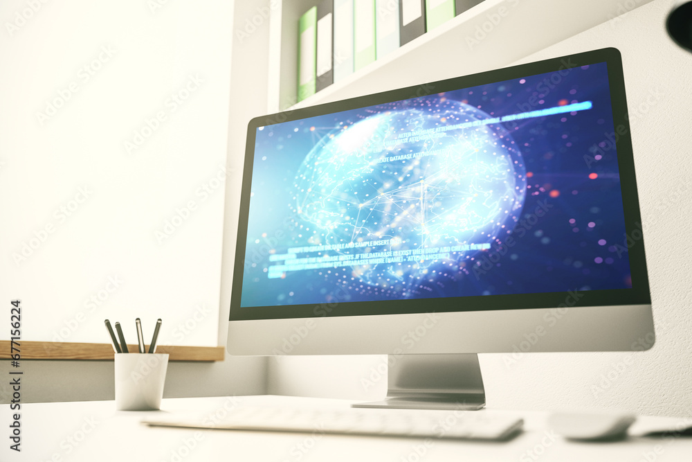 Leinwandbilder modern computer screen with abstract graphic coding sketch and world map, big data and networking co