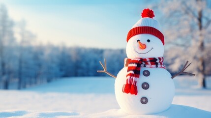Obraz premium Happy snowman with bright red hat and mittens in a snowy landscape