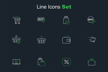 Set line Wallet, Discount percent tag, Paper shopping bag, Shopping cart on screen laptop, Location with cardboard box, basket and Add icon. Vector
