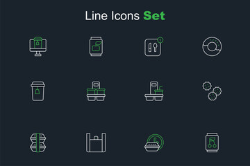 Set line Soda can, Round the clock delivery, Online ordering food, Lunch box, Cookie biscuit, Coffee cup to go, and Cup tea icon. Vector