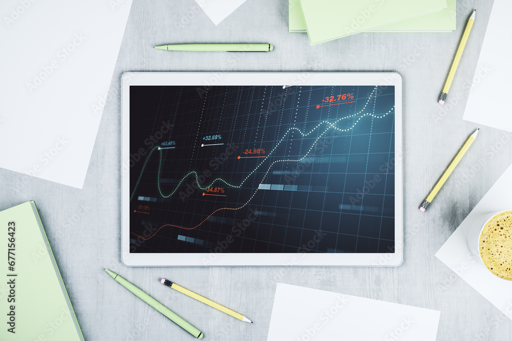 Fototapete Modern digital tablet monitor with abstract statistics data hologram interface, computing and analytics concept. Top view. 3D Rendering