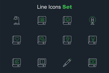 Naklejka premium Set line Book about cinema, Pencil with eraser, ecology, User manual, Holy bible book, women and Romance icon. Vector