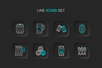 Set line Dried fish, Beer can, Wooden barrel, beer mug, Hotdog sandwich, Glass of and icon. Vector