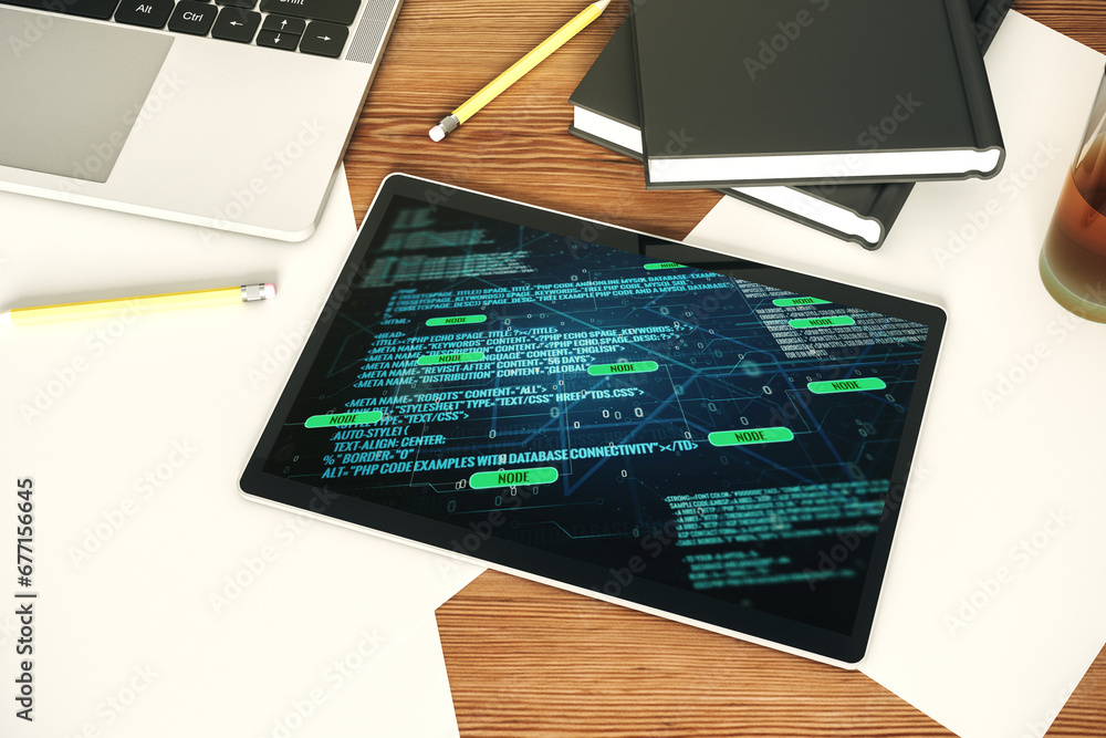 Poster abstract creative coding concept on modern digital tablet screen. top view. 3d rendering