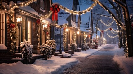 Snowy sidewalk by brick houses with festive garland lights and bows on a tranquil night.