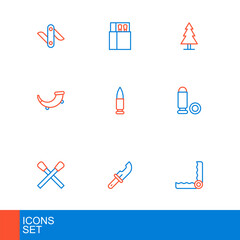 Set line Trap hunting, Hunter knife, Burning match with fire, Bullet, Hunting horn, Tree and Open matchbox and matches icon. Vector
