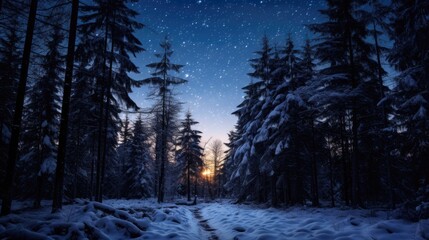 Fototapeta na wymiar Snowflakes gently fall in a tranquil forest at twilight with a path leading to a glowing sunset.