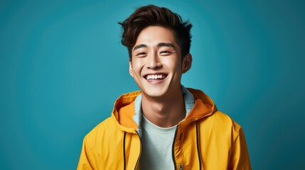smiling handsome vogue Asian man on solid color background