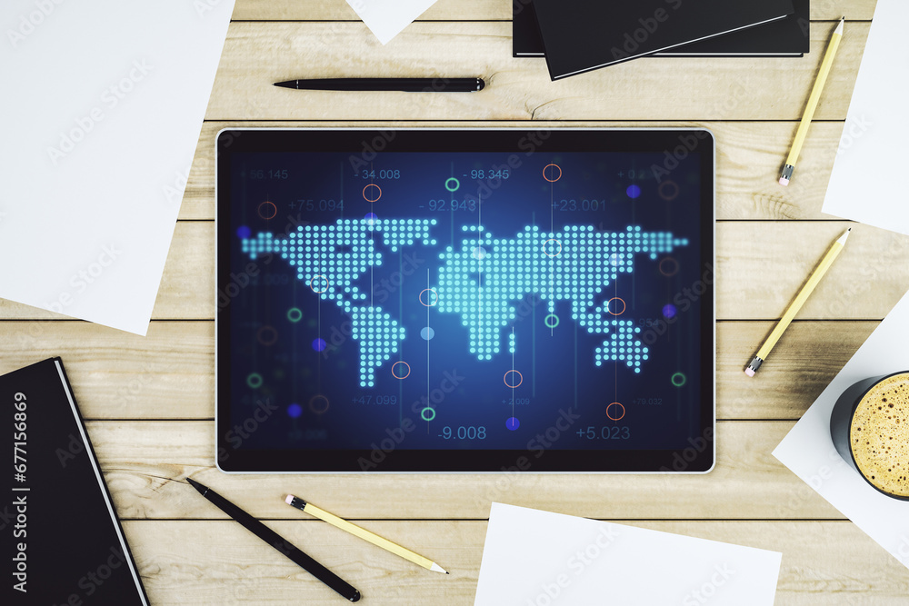 Poster top view of modern digital tablet display with abstract graphic world map, big data and networking c