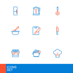 Set line Chef hat, Cooking pot, Oven, Knife, whisk with bowl, Cutting board and knife, Spatula and Electric kettle icon. Vector