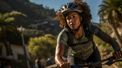 Fototapeta na wymiar Pretty young woman riding her bike on a mountain trail