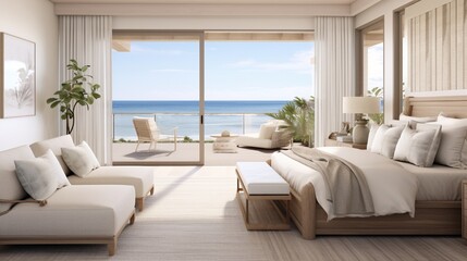 Fototapeta na wymiar A coastal-inspired master suite with panoramic ocean views, light textiles, and beach-inspired decor.