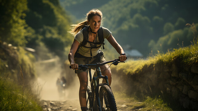 Pretty Young Woman Riding Her Bike On A Mountain Trail