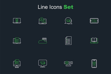 Set line Online quiz, test, survey, Web camera, Graduation cap speech bubble, class, Cloud or online library and icon. Vector