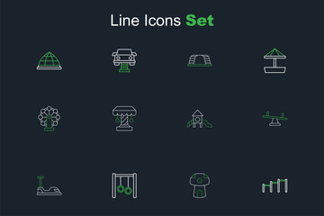 Set line Sport horizontal bar, Mushroom house, Gymnastic rings, Bumper car, Seesaw, Slide playground, Attraction carousel and Swing for kids icon. Vector