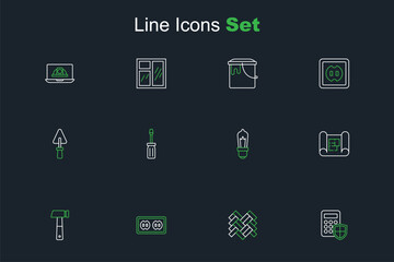 Set line Security keypad access panel, Parquet, Electrical outlet, Hammer, House plan, Light bulb, Screwdriver and Trowel icon. Vector