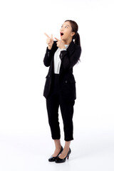 portrait young asian business woman pointing and presenting isolated on white background, advertising and marketing, executive and manager, businesswoman confident showing something with expression.