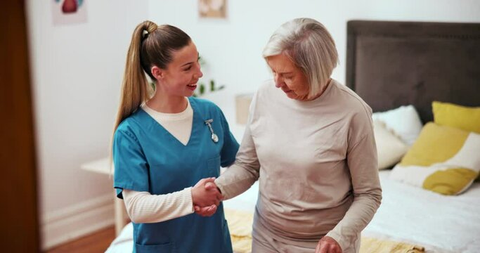 Senior, woman or caregiver with walking stick for help, support and movement in retirement home. Elderly, person with disability or nurse with cane for mobility, rehabilitation or recovery in bedroom