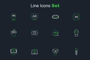 Set line VR controller game, Virtual reality glasses, 3d modeling, Big brother electronic eye and icon. Vector
