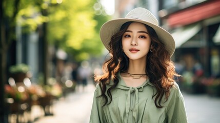 smiling vogue Asian girl with hat on the plaza shopping district background