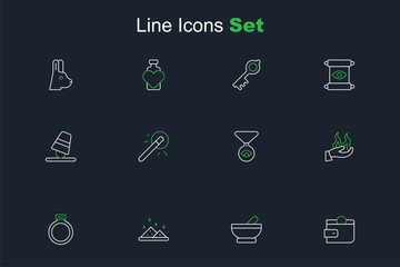 Set line Wallet, Witch cauldron, Magic powder, stone ring, Hand holding fire, Medallion chain with eye, wand and Game thimbles icon. Vector