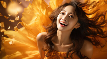 Naklejka premium Portrait of vogue fashion smiling Asian girl, orange background