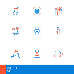 Set line Christmas Santa Claus hat, day calendar, santa claus sleigh, Champagne bottle, ringing bell, Gift box, and Snowflake icon. Vector