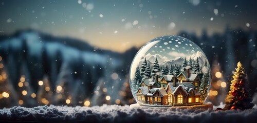 Detailed Snow Globe with Tiny Village, Falling Snow, and Glistening Christmas Tree